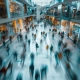 Blurred motion of shoppers moving through a busy multi-level shopping centre