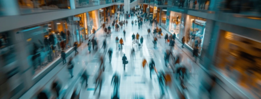 Blurred motion of shoppers moving through a busy multi-level shopping centre