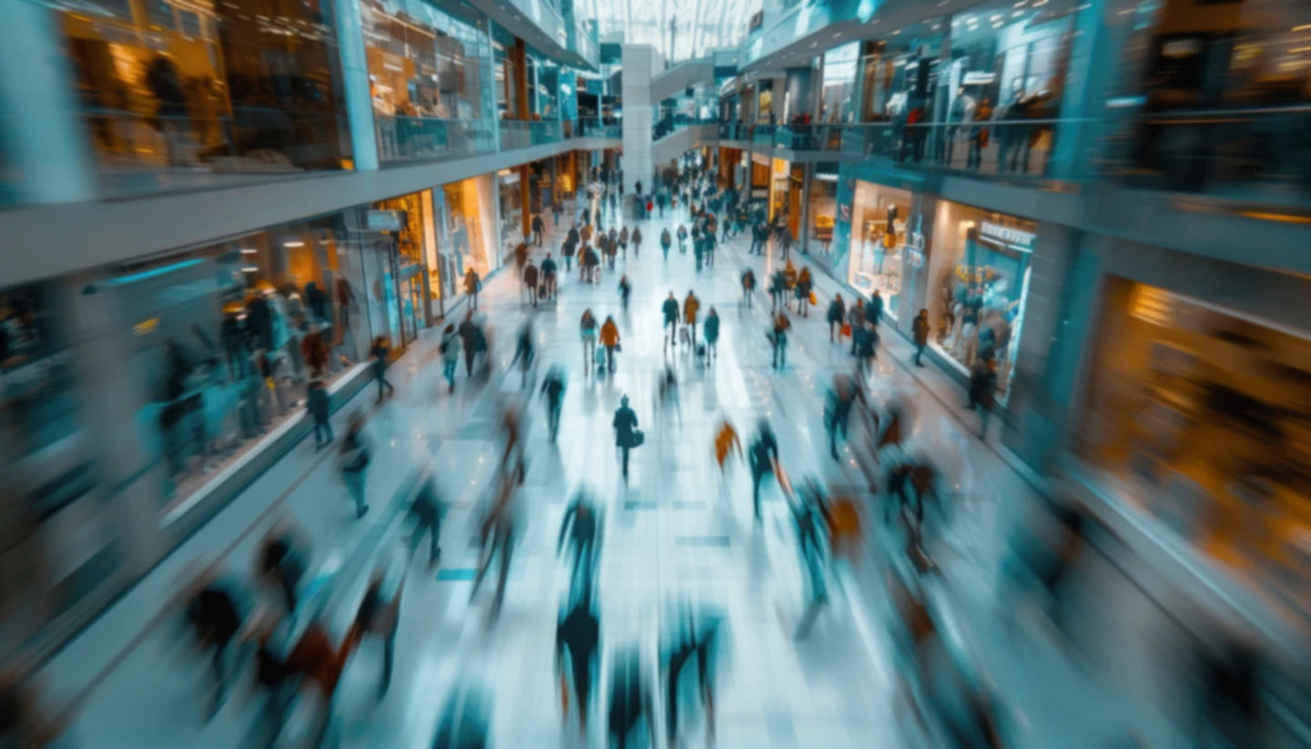 Blurred motion of shoppers moving through a busy multi-level shopping centre