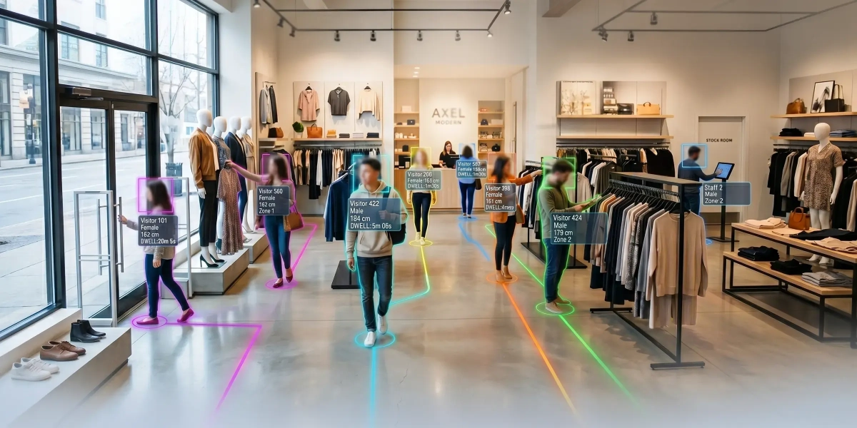 Bright, open clothing boutique with coloured lines on the floor showing customer journey paths, illustrating how Cohera-Tech sensors map movement and dwell zones in a real retail space.