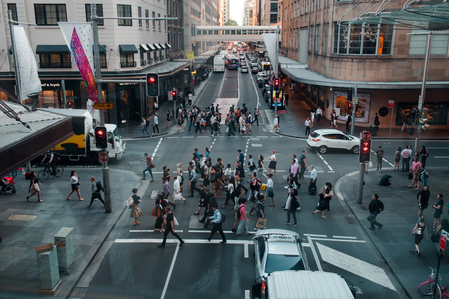 Busy city intersection in Sydney with high pedestrian traffic illustrating real-world people counting environments.