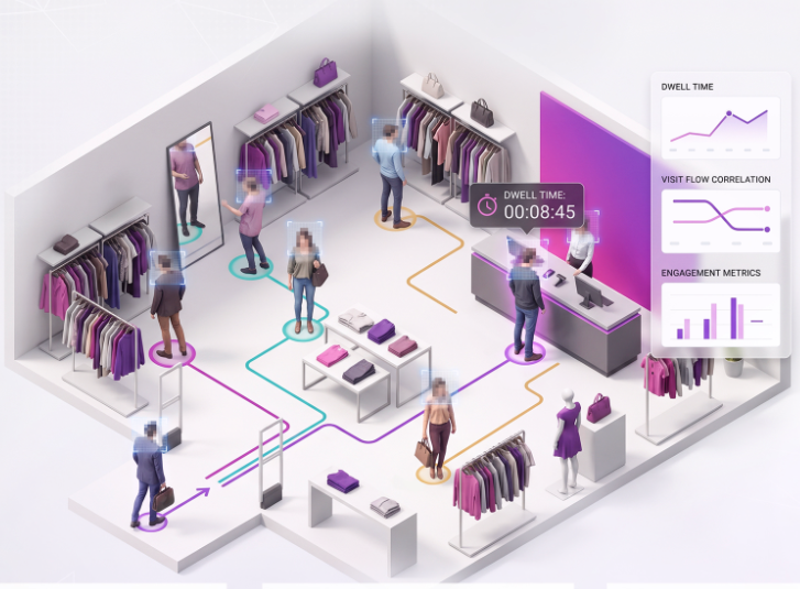 Illustrated cutaway of a retail store with shoppers browsing rails, showing the vemtrack Re-ID system mapping customer paths and feeding live dwell time and traffic data to an in-store dashboard.