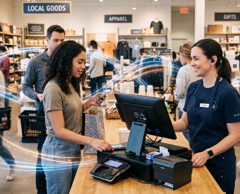 Retail store checkout with a customer paying at POS terminal while a staff member assists,with flowing data lines representing footfall and sales analytics.