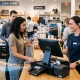 Retail store checkout with a customer paying at POS terminal while a staff member assists,with flowing data lines representing footfall and sales analytics.