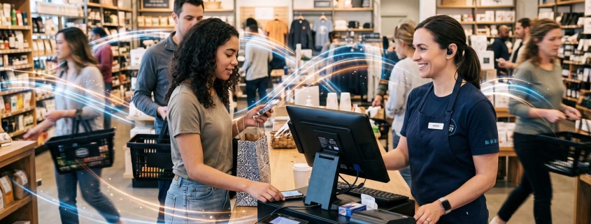 Retail store checkout with a customer paying at POS terminal while a staff member assists,with flowing data lines representing footfall and sales analytics.