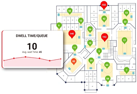 Commercial building floor plan with real-time dwell data and occupancy zones overlaid