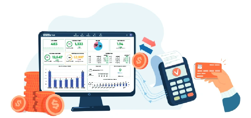 Pos-Integration Sales analytics dashboard illustration linked to a POS terminal, showing conversion rate and revenue data