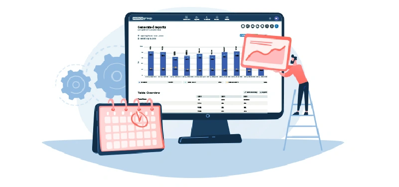 Reports Retail analytics dashboard illustration with performance charts and a scheduling calendar for foot traffic reporting